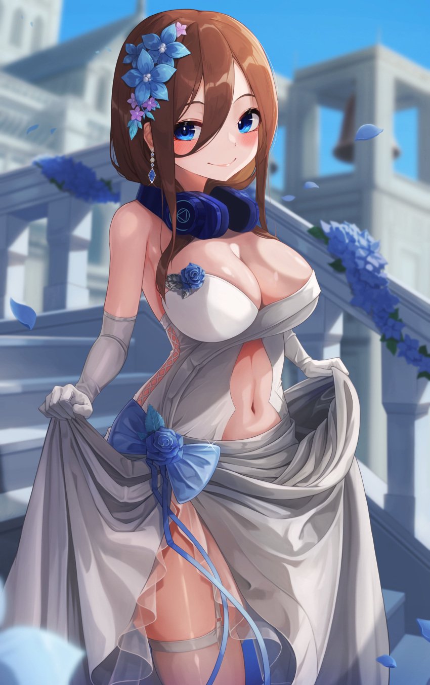 1girls absurdres bangs bare_arms bare_back bare_shoulders belly blue_eyes blue_flower blue_ribbon blush breasts bridal_gauntlets brown_hair church dress flower flower_on_head garter_straps go-toubun_no_hanayome hair_between_eyes hair_ornament happy headphones highres hiyoku large_breasts long_hair nakano_miku navel ribbon smile stockings thighs wedding_dress white_dress