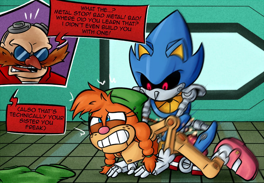 1boy 1girls ambiguous_penetration anthro belle_the_tinkerer breasts clenched_teeth clothes_on_floor dialogue doggy_style dr._eggman dr_eggman english_text eyes_up female half-closed_eyes idw_comics idw_publishing incest metal_sonic mobian_(species) motion_blur nude robot rolling_eyes sega sonic_(series) sonic_the_hedgehog_(comics) sonic_the_hedgehog_(idw) sonic_the_hedgehog_(series) straight technical_incest yellowsalamander