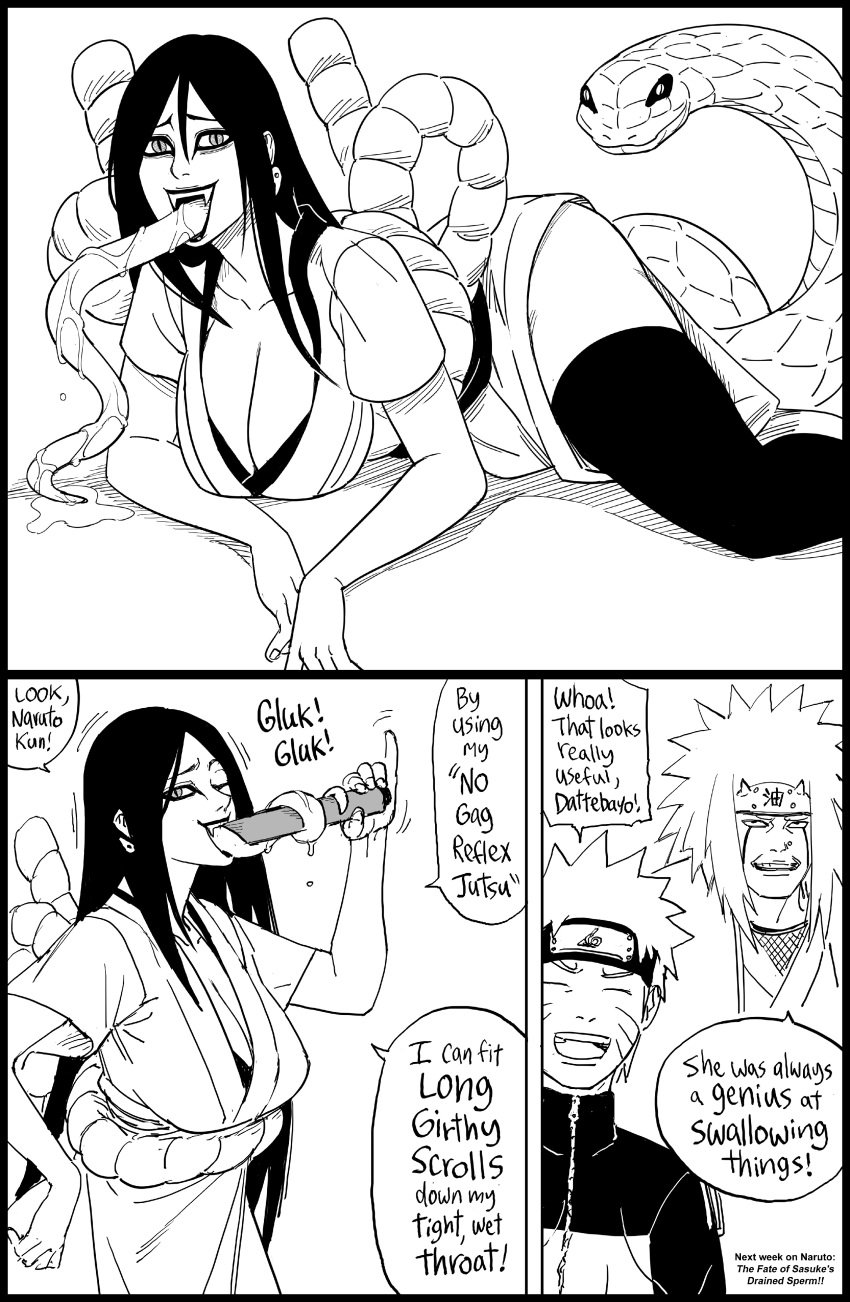 1girls 2boys absurd_res bb_(baalbuddy) big_breasts black_and_white black_hair black_thighhighs dialogue english_text female funny genderswap_(mtf) jiraiya long_hair long_tongue looking_at_viewer male naruto naruto_(series) naruto_shippuden orochimama orochimaru prehensile_tongue rule_63 sexually_suggestive simulated_fellatio slit_pupils smiling smiling_at_viewer speech_bubble thick_thighs thighhighs two_panel_image uzumaki_naruto white_background wink winking_at_viewer