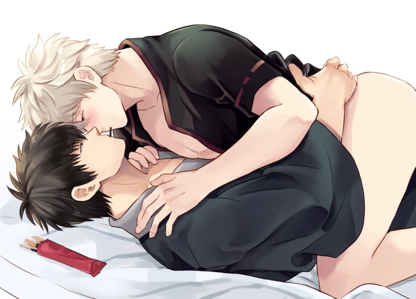 2boys black_hair blush bottomless gay gintama gintoki_sakata hijikata_toshiro implied_anal implied_sex kimono looking_at_another male male_only natsugin77 on_back on_bed open_shirt pocky white_hair yaoi