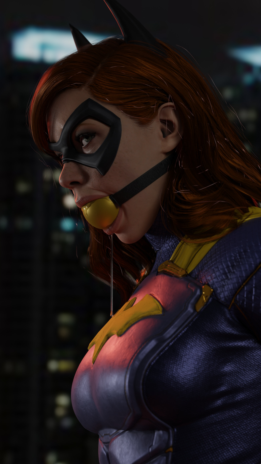 3d ball_gag barbara_gordon batgirl batgirl_(gotham_knights) bondage bound bound_arms cuffed damsel_in_distress dc dc_comics drool drooling gag gagged gotham_knights heroine kneeling restrained rindekey superheroine tied_up