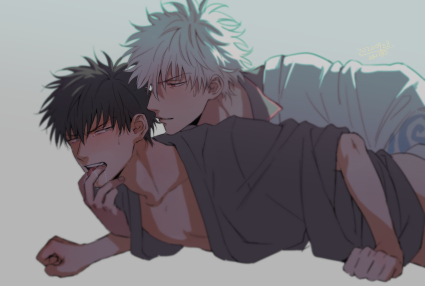 2boys annoyed black_hair blush drooling fingers_in_mouth from_behind gay gintama gintoki_sakata hi_res hijikata_toshiro implied_anal implied_sex japanese_clothes kimono looking_at_another looking_back lying_on_person male male_only nuis on_stomach sweatdrop tongue_out white_hair yaoi