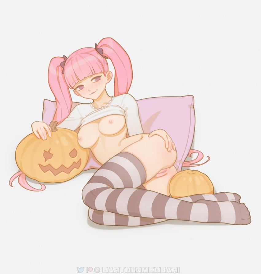 2d absurdres artist_name ass bangs bartolomeobari blunt_bangs blush bottomless breasts clothes_lift commentary english_commentary female female_only full_body grey_background hand_on_own_ass highres jack-o'-lantern large_breasts light-skinned_female light_skin long_hair long_sleeves looking_at_viewer lying nipples no_bra no_panties no_shoes nsfw on_side one_piece pale-skinned_female pale_skin perona pillow pink_hair pink_nipples pumpkin purple_eyes pussy reclining shirt shirt_lift simple_background smile solid_color_background solo striped striped_thighhighs thighhighs twintails uncensored white_shirt