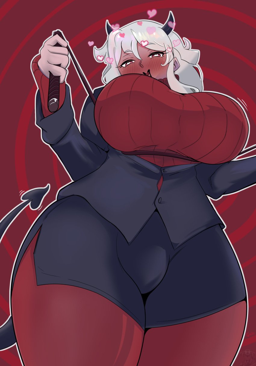 1girls big_breasts blush blush_lines blushing_profusely clothed clothed_female demon demon_girl demon_horns demon_tail female_focus female_only grinn heart heart-shaped_pupils helltaker horny horny_female modeus_(helltaker) simple_background solo solo_female solo_focus thick_thighs thunder_thighs underview voluptuous voluptuous_female white_hair