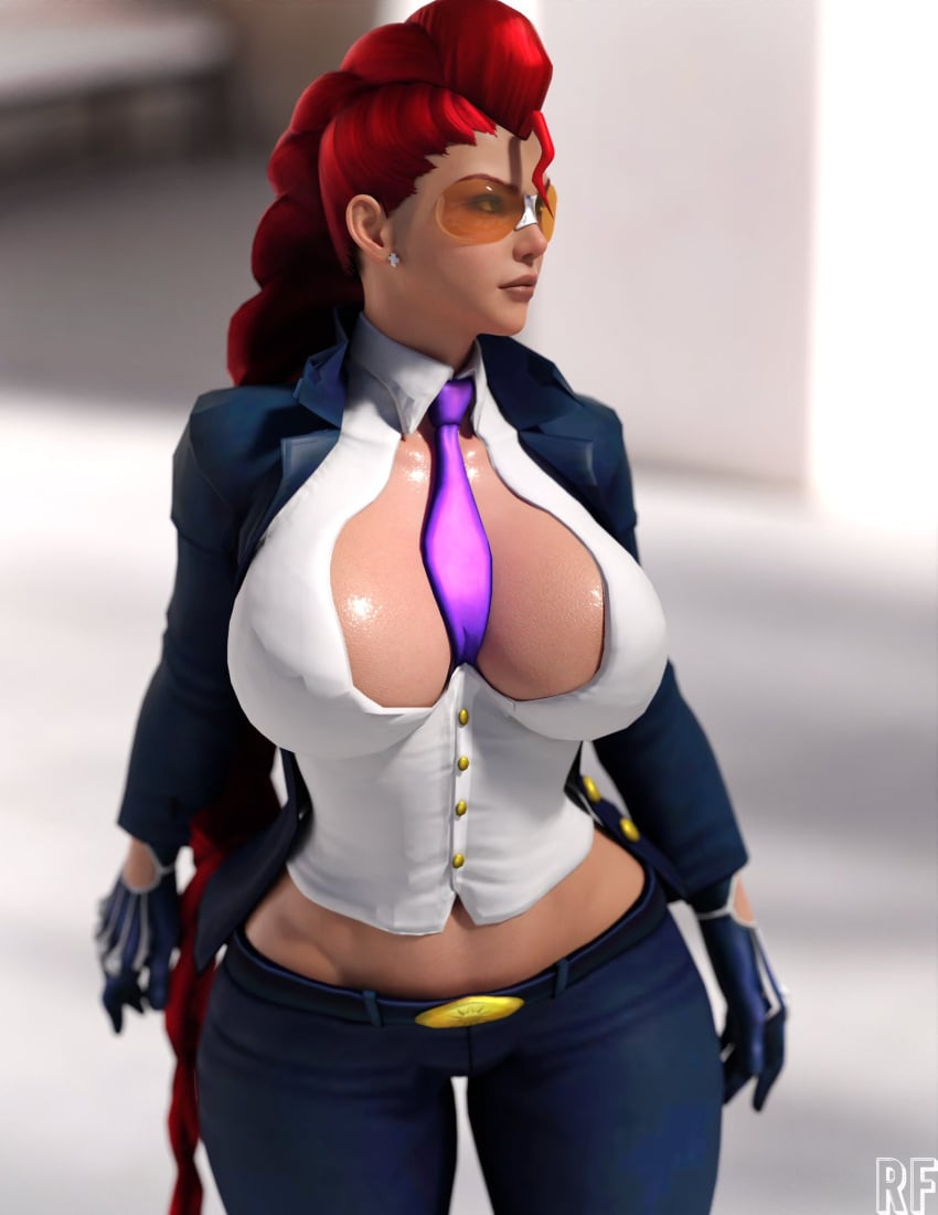 3d big_breasts buttoned_shirt cleavage cleavage_cutout cleavage_window crimson_viper denim denim_bottomwear denim_clothing denim_jeans gloves jeans long_braid necktie orange-tinted_eyewear pants red_hair redhead rude_frog street_fighter street_fighter_iv sunglasses tie tinted_eyewear tinted_glasses very_long_hair