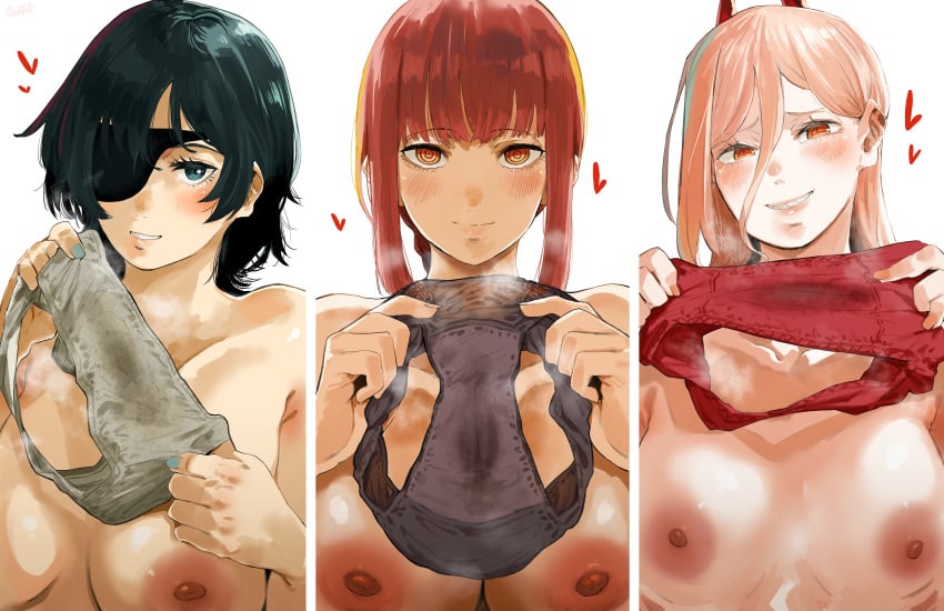 3girls @_@ absurdres bangs black_hair black_panties blonde_hair blue_eyes blue_nails blush breasts chainsaw_man cleavage cross-shaped_pupils demon demon_girl demon_horns eyepatch female female_only green_eyes grey_panties grin hair_between_eyes heart hero_neisan hi_res highres himeno_(chainsaw_man) holding holding_clothes holding_panties holding_underwear horns huge_breasts large_breasts light-skinned_female light_skin long_hair looking_at_viewer makima_(chainsaw_man) multiple_girls naughty_face nipples nude orange_eyes panties panties_removed pink_hair power_(chainsaw_man) presenting_panties presenting_removed_panties red_eyes red_hair red_panties sharp_teeth short_hair smelly smile stained_panties steam steaming_body suggestive_look sweat sweaty_body teeth underwear yellow_eyes