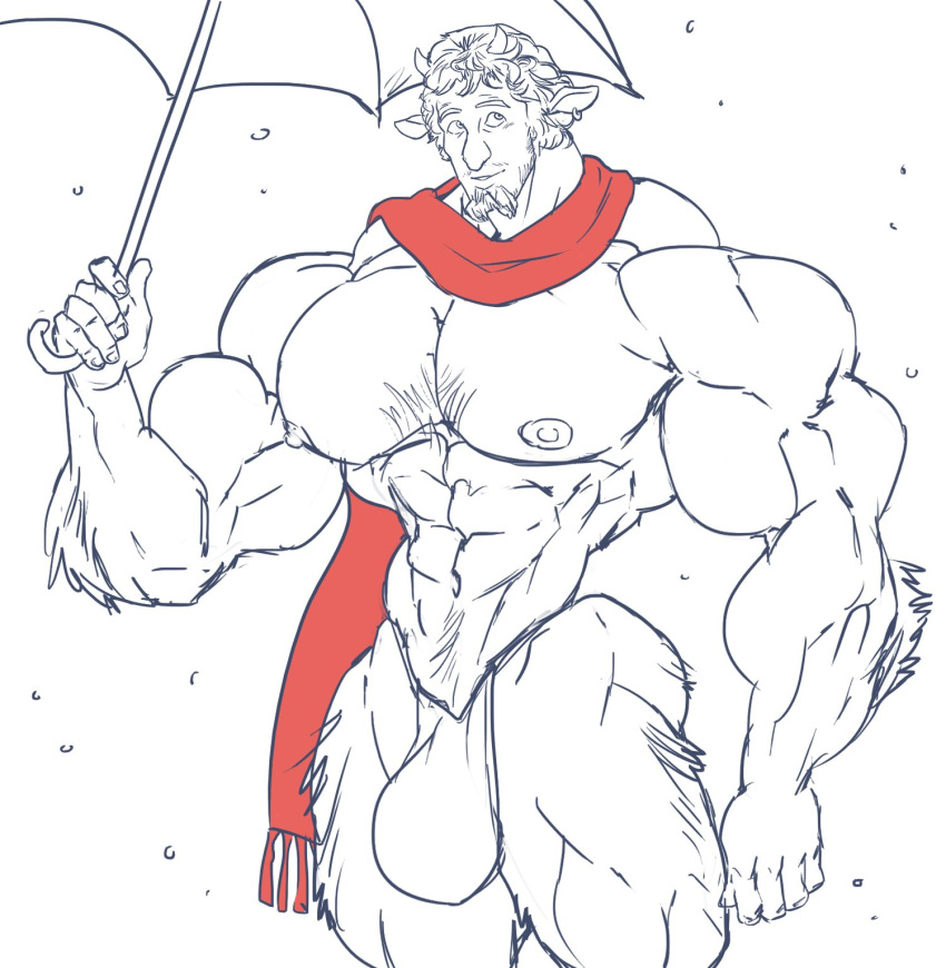 1boy beard biceps big_muscles bulge ear_piercing facial_hair faun flaccid genital_outline goatee hi_res horn huge_muscles humanoid hyper hyper_muscles male male_only monochrome mr._tumnus muscular navel nipples pecs penis_outline piercing remert satyr scarf snow solo the_chronicles_of_narnia umbrella