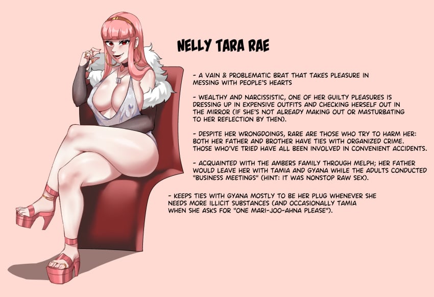 1girls breasts character_bio cleavage dialogue dress english_text female hips huge_breasts large_breasts light-skinned_female light_skin long_hair nelly_tara_rae oc open_toe_shoes original original_character pink_hair slim_waist text thick_thighs thighs wide_hips wingedwasabi