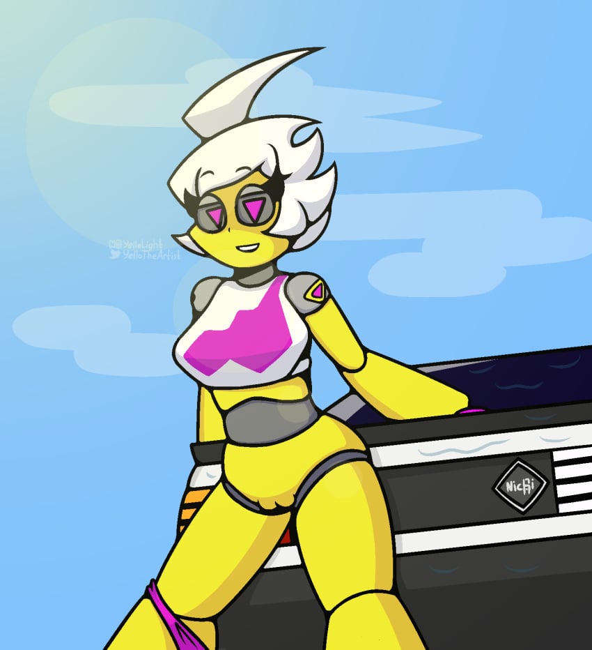 1girls car car_wash female_focus female_only geometry_dash impressed looking_at_viewer nichi_(yellolight) nissan pink_eyes robot robot_girl trianna_(yellolight) white_hair yellolight yellow_body