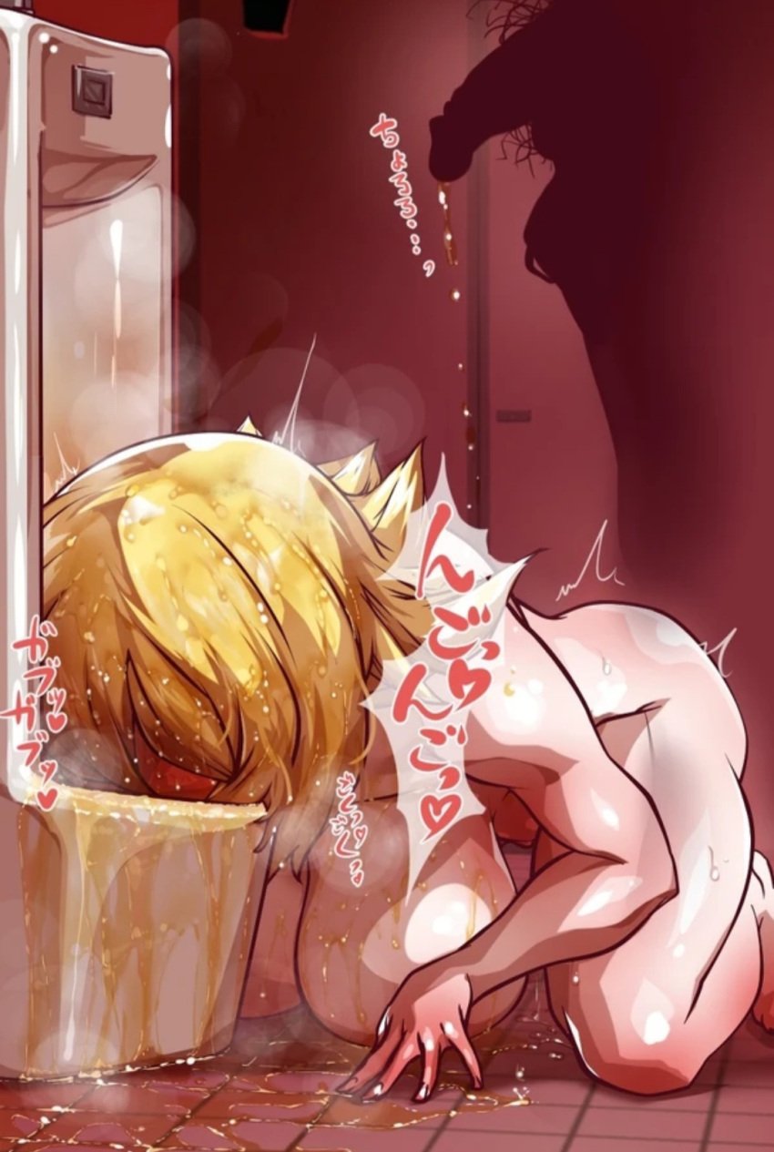 1girls after_pissing ball_hair bathroom blonde_hair dark_magician_girl female loving_it peeing piss piss_drinking shaking transparent_body twitching urinal urine wanaata yu-gi-oh!