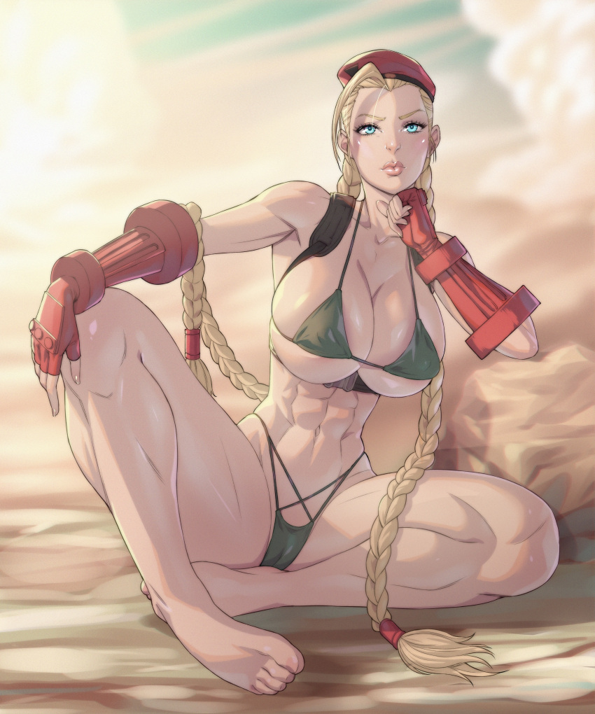 1girls arttoru athletic_female barefoot bikini cammy_white capcom feet female female_only hat huge_breasts human solo street_fighter swimsuit thick_thighs thunder_thighs toes