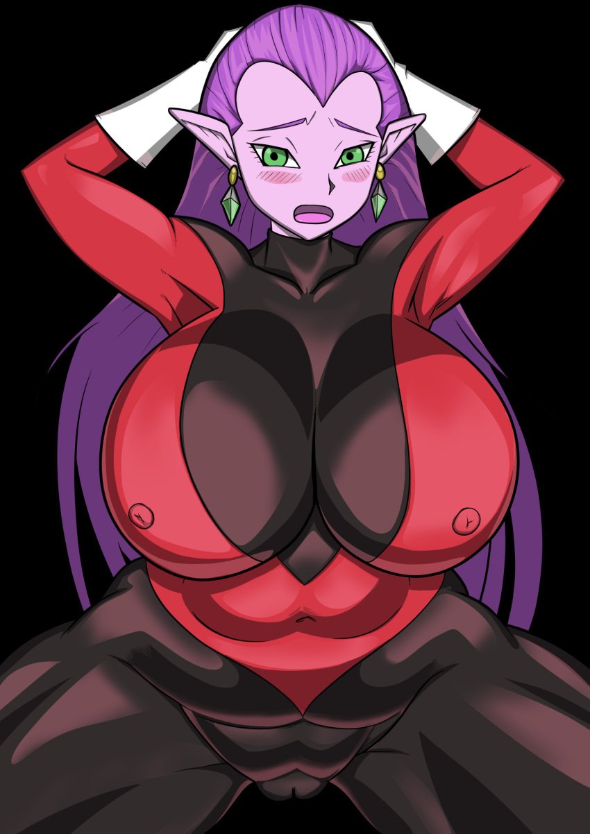 alien armpits arms_up big_breasts blush blush_lines blushing bodysuit cocotte dragon_ball dragon_ball_super earrings embarrassed green_eyes long_hair looking_at_viewer luckfield magenta_skin nipples nipples_visible_through_clothing open_mouth pointy_ears purple_hair shy thick_thighs uniform