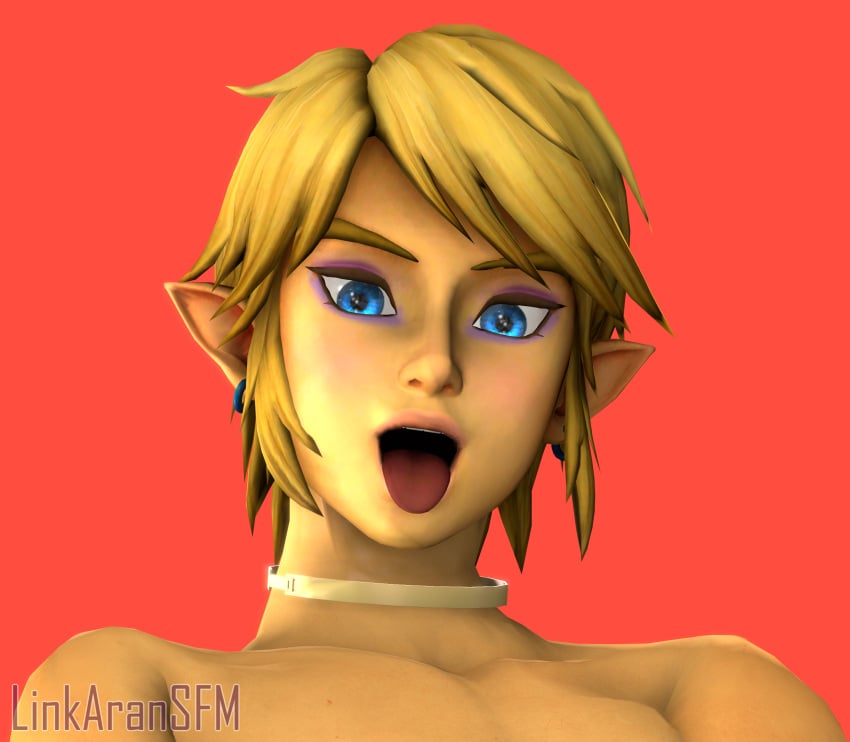 1boy 3d blonde_hair blue_eyes choker earrings eyelashes femboy feminine_male hair hi_res highres hylian link link_(breath_of_the_wild) linkaransfm long_ears looking_at_viewer makeup male male_only open_mouth oral oral_invitation sfm simple_background solo solo_male the_legend_of_zelda tongue tongue_out trap twink watermark