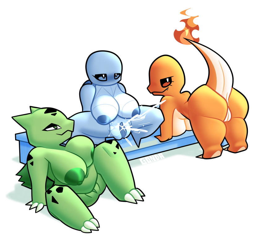 anthro areola ass big_areola big_breasts big_butt big_pussy black_markings blue_body bodily_fluids breasts bulbasaur charmander ejaculation exhibitionism female fire furniture game_boy_color game_boy_family generation_1_pokemon genital_fluids genitals gonda green_body group hi_res horny looking_at_another looking_pleasured markings nintendo orange_body pokémon_(species) pokemon pokemon_(species) presenting pussy pussy_ejaculation pussy_juice raised_tail shiny_bulbasaur shiny_pokemon short_stack shortstack simple_background smooth_skin spread_legs spreading squirtle table tail trio video_games water white_background