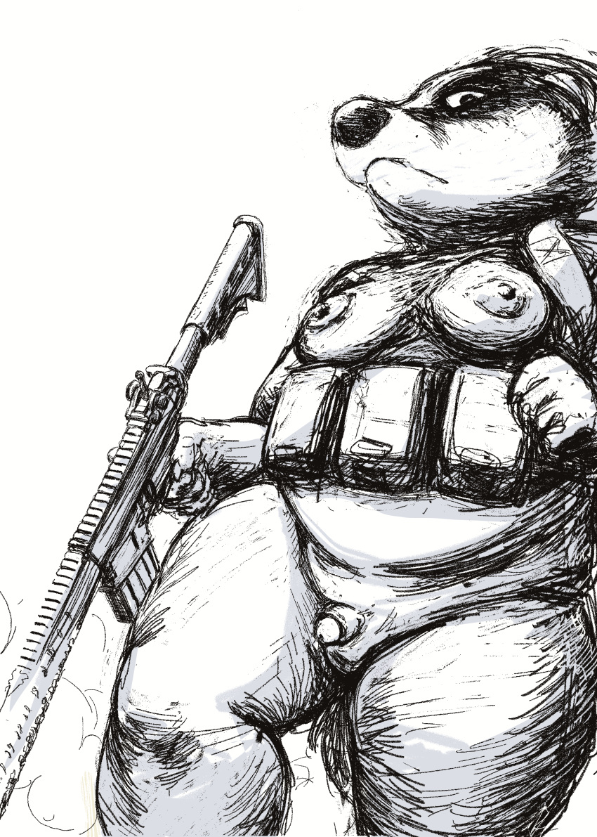 1futa absurd_res anthro badger breasts chest_rig chubby_gynomorph clothed clothing futanari genitals gun gynomorph hi_res intersex looking_at_viewer looking_down_at_viewer mammal monochrome mustelid musteline oddwilds overweight overweight_gynomorph overweight_intersex partially_clothed penis ranged_weapon rifle small_penis solo weapon