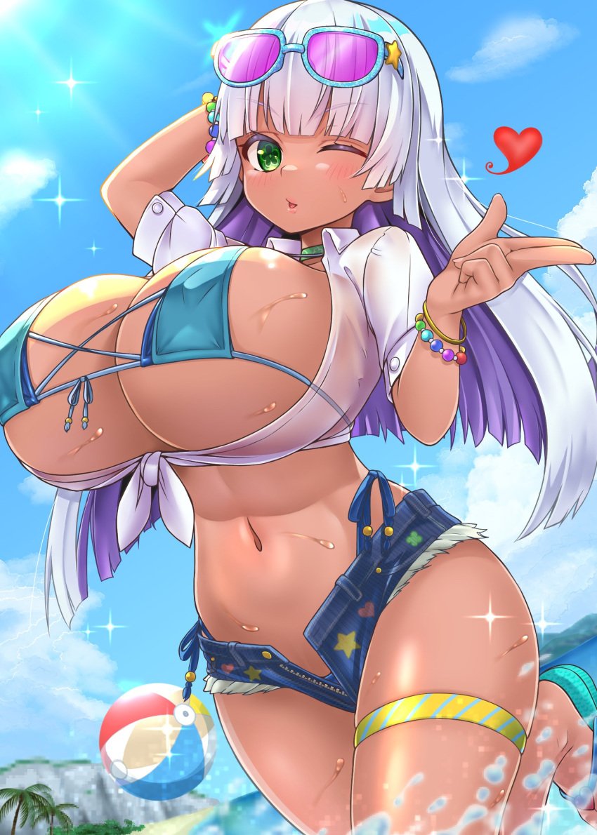 bra_cups_sticking_out breasts chiroshiron clover denim_shorts female four-leaf_clover front-tie_top green_eyes grey_hair highres huge_breasts long_hair navel ocean one_eye_closed original shiron_(e1na1e2lu2ne3ru3) sky solo symbol-shaped_pupils tan water