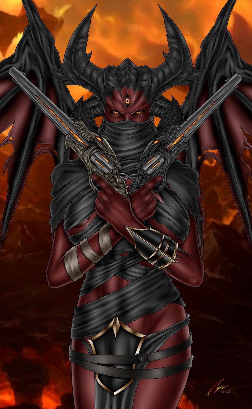 1girls 2d areola_slip areolae badhunter115 bandage big_breasts black_sclera crossed_arms dark_areola demon demon_girl demon_horns gun hellsinger holding_gun horns large_breasts metal:_hellsinger naked_bandage orange_eyes pistol red-skinned_female red_body red_skin solo standing underboob unknown_(metal:_hellsinger) video_games weapon