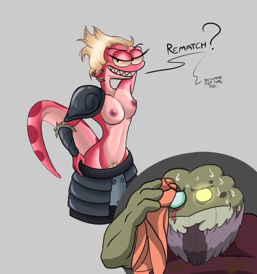 2022 amphibia amphibia_(series) amphibian anonymous_artist anthro beard blonde_hair bodily_fluids breasts captain_grime clothing dialogue disney duo english_text facial_hair fangs female frog general_yunan grey_background hair hi_res looking_at_another looking_at_partner male meme newt nipples pose pubes salamander_(amphibian) seductive simple_background smile solo straight_hair sweat text toad_(frog) undressing unknown_artist wiping_forehead wiping_sweat yunan