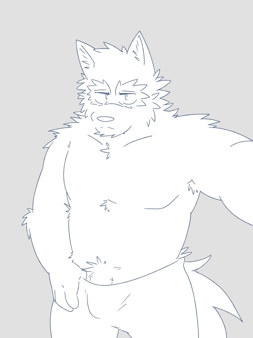 absurd_res anthro armpit_hair barely_visible_genitalia body_hair bottomwear bulge camera canid canine canis clothed clothing fluffy genitals hand_on_pants hi_res holding_camera holding_object male mammal mrjosh47 neck_tuft pants password_(visual_novel) pulling_pants_down shoulder_tuft solo topless tuft tyson_(password) waistband_pull wolf