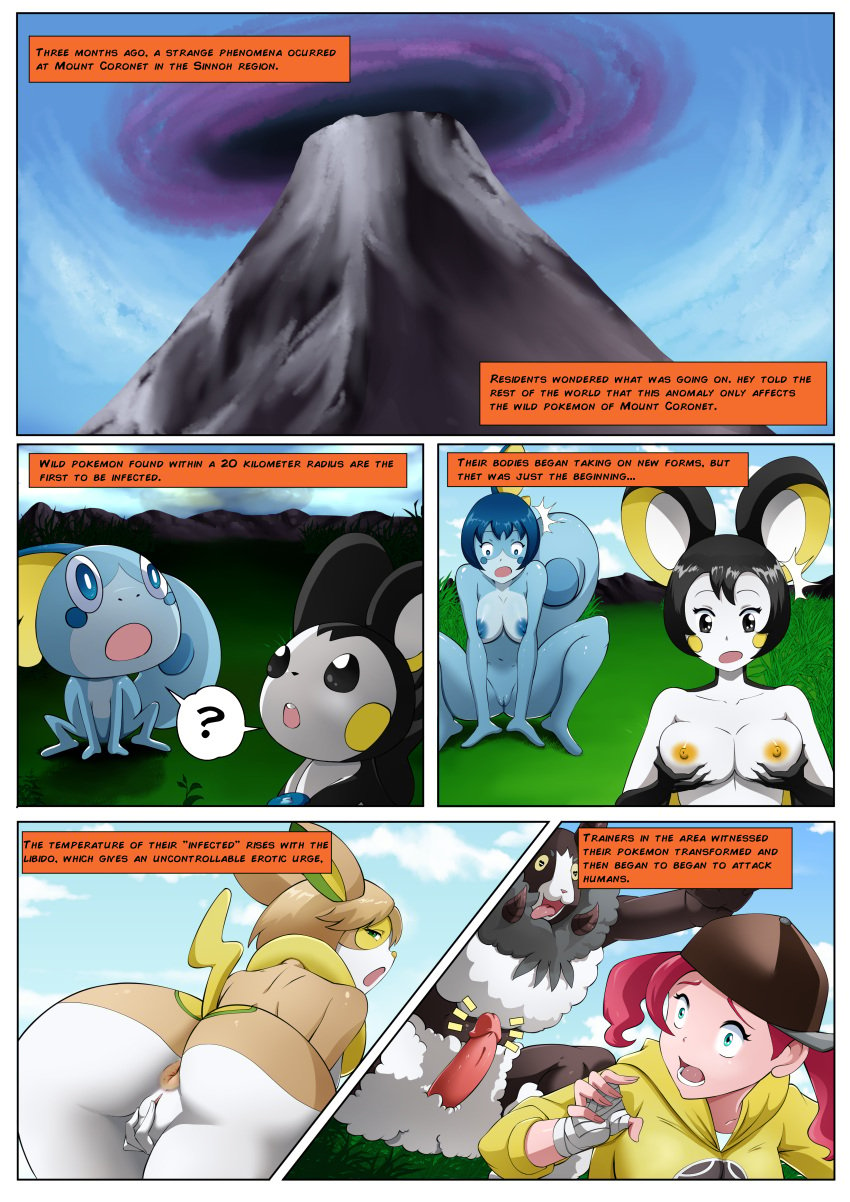 1boy 4girls absurd_res alternate_species anthro anthrofied anus ass baiwooluu bernardol22 breasts comic crouching dancer_(pokemon) dialogue_box dubwool emanata emolga emonga english_text female feral feral_to_anthro finger_fuck fingering generation_5_pokemon generation_8_pokemon genitals hi_res holding_breast human male mammal messon_(pokemon) mountain nasbak-cryman nintendo npc_trainer number penis pokemon pokemon_(species) pokemon_ss pokemorph pounce presenting presenting_hindquarters sobble text transformation unit vaginal_penetration video_games wanpachi yamper zombie_like