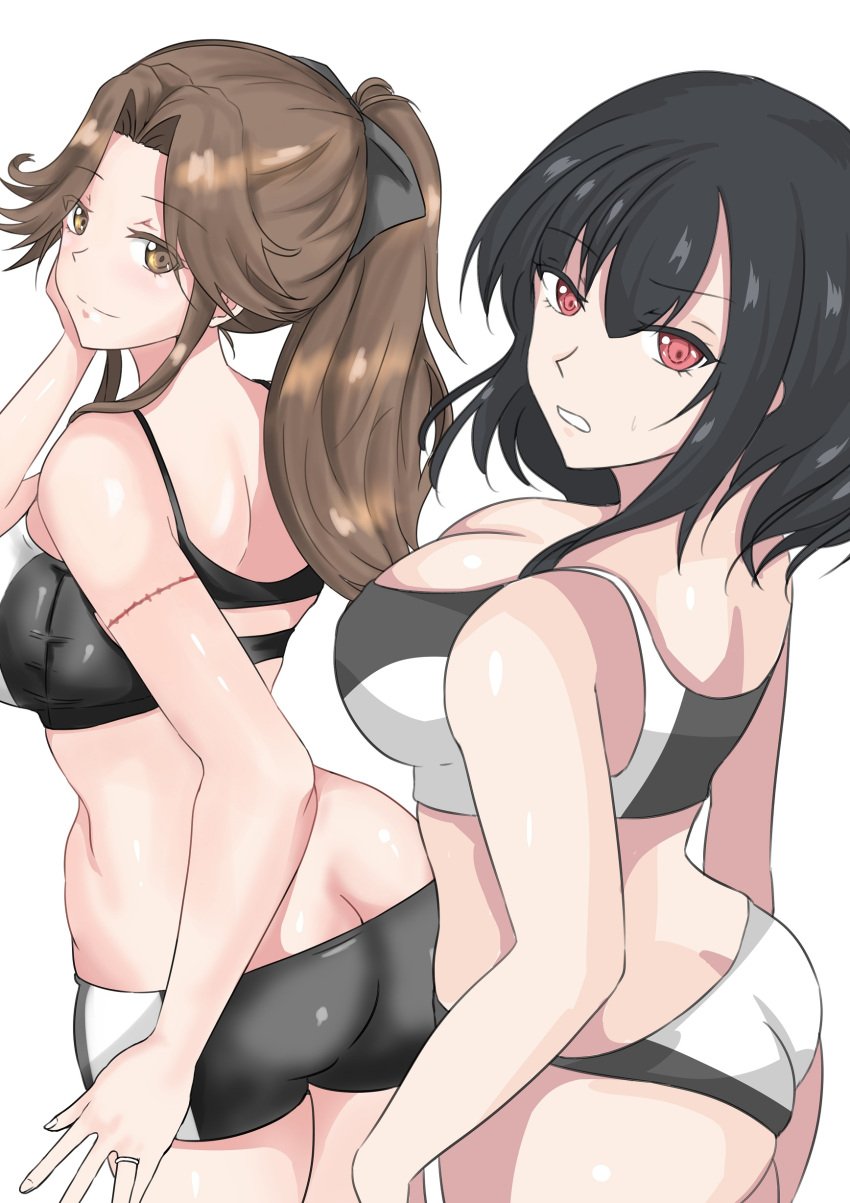 2girls absurdres alternate_costume ass black_hair black_sports_bra breasts brown_eyes brown_hair cleavage forehead hair_between_eyes hair_ornament highres jintsuu_(kantai_collection) kantai_collection ken_(shutenndouji1) large_breasts long_hair looking_at_viewer looking_back medium_breasts multiple_girls panties ponytail red_eyes scar short_hair shorts sports_bra sportswear underwear white_sports_bra yamashiro_(kantai_collection)