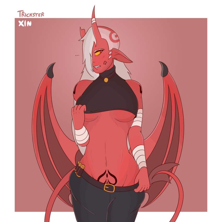 ... ammo_belt annoyed artist_signature bandaged_arm crop_top demon demon_girl demon_horns demon_tail demon_wings earrings embarrassed exposed_torso hair_over_one_eye half_shaved_head jeans lifting_shirt long_hair looking_away membrane_(anatomy) membranous_wings midriff navel_line original original_character original_characters pointy_ears pubic_tattoo red_eyes red_skin removing_clothing simple_background small_breasts spade_tail spade_tattoo spiked_wings stomach_tattoo tattoo_on_belly tattooed_arm tattoos tricksterxin_(artist) underboob undressing undressing_self velvet_(tricksterxin) white_hair wide_hips wing_spikes wings yellow_eyes yellow_sclera