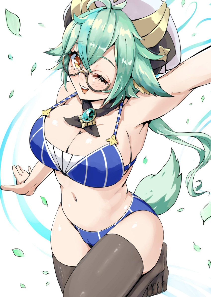 1girls big_breasts big_thighs blush breasts busty cleavage cute female female_only genshin_impact glasses green_hair huge_breasts huge_thighs kntrs_(knyrs) large_breasts large_thighs legwear navel solo solo_female stockings sucrose_(genshin_impact) tail thick_thighs thighs voluptuous