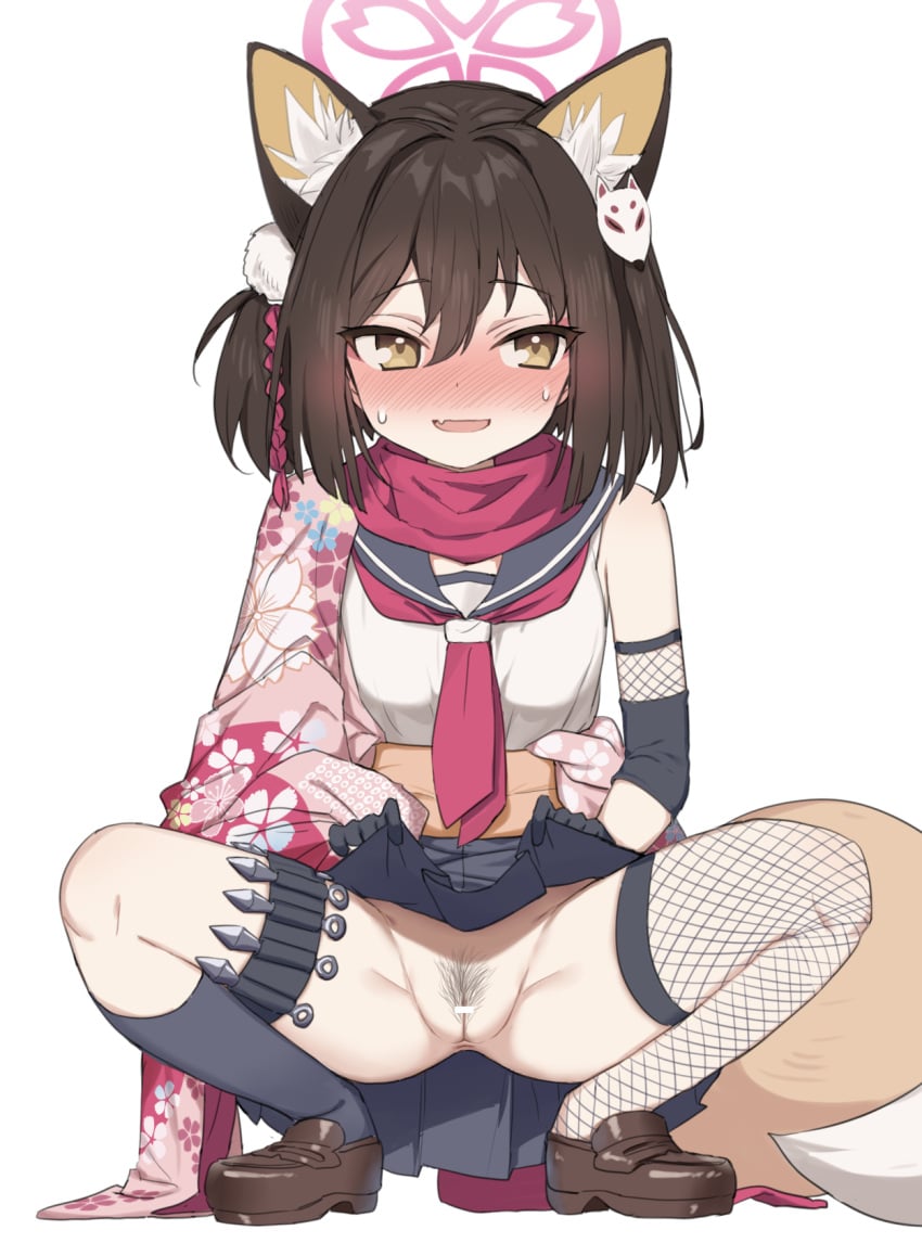 allied_hyakkiyako_academy_student anba_kohaku animal_ear_fluff animal_ears bar_censor black_gloves black_pubic_hair black_sailor_collar black_skirt black_socks blue_archive blush brown_footwear brown_hair censored clothes_lift female female_pubic_hair fishnet_thighhighs fishnets floral_print fox_ears fox_girl fox_hair_ornament fox_tail gloves halo highres izuna_(blue_archive) japanese_clothes kimono kunai lifted_by_self loafers looking_to_the_side neckerchief ninjutsu_research_club_(blue_archive) open_mouth pink_kimono print_kimono pubic_hair red_neckerchief red_scarf sailor_collar scarf shoes short_hair simple_background single_sock single_thighhigh skirt skirt_lift smile socks solo squatting tail thighhighs weapon white_background yellow_eyes