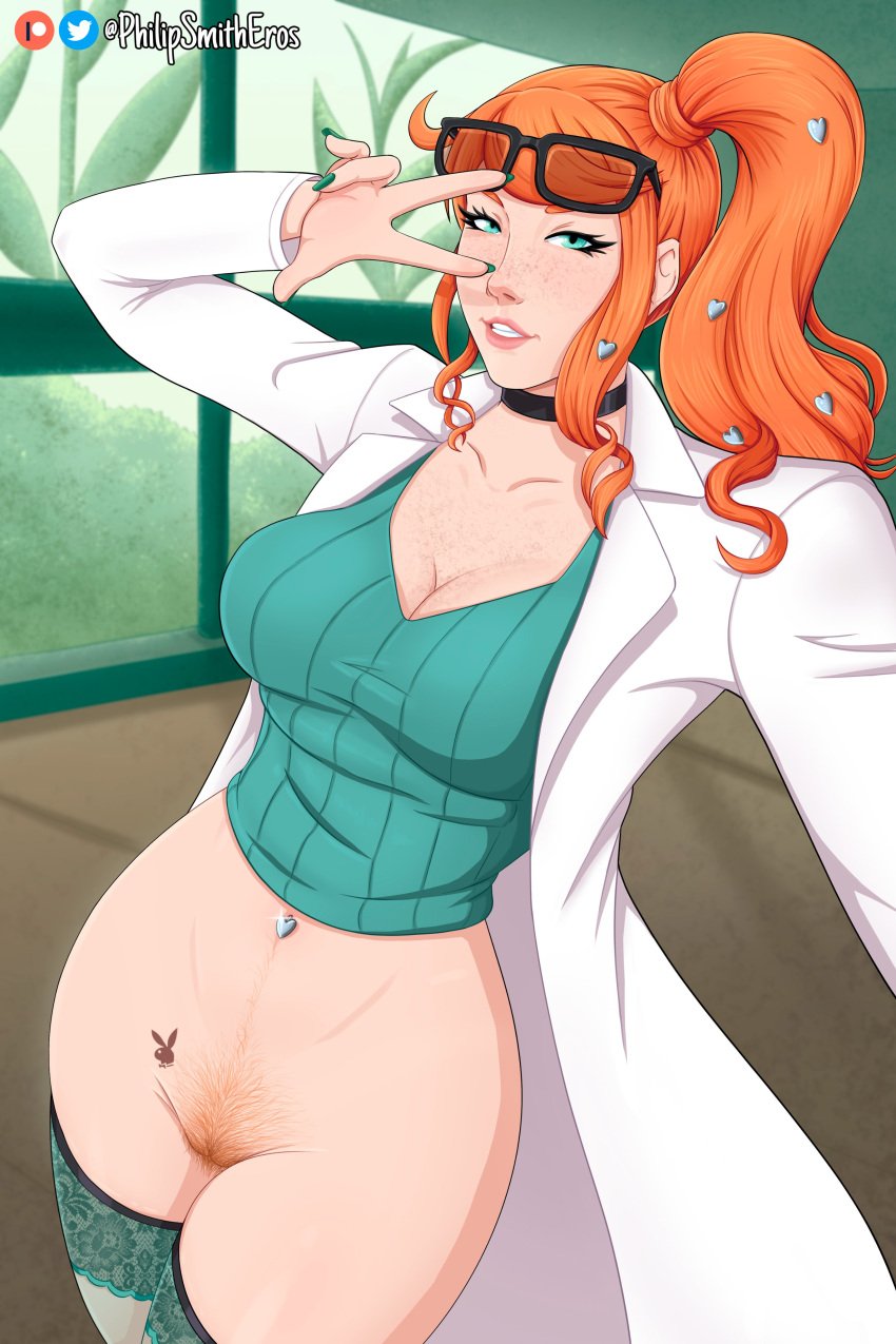 absurd_res belly_button breasts casual_nudity choker cleavage clothed female female_only glasses_on_head labcoat looking_at_viewer no_panties no_pants philipsmitheros pokemon pokemon_professor pokemon_ss pubic_hair pussy red_hair selfie sonia_(pokemon) stockings tied_hair treasure_trail v_sign waist