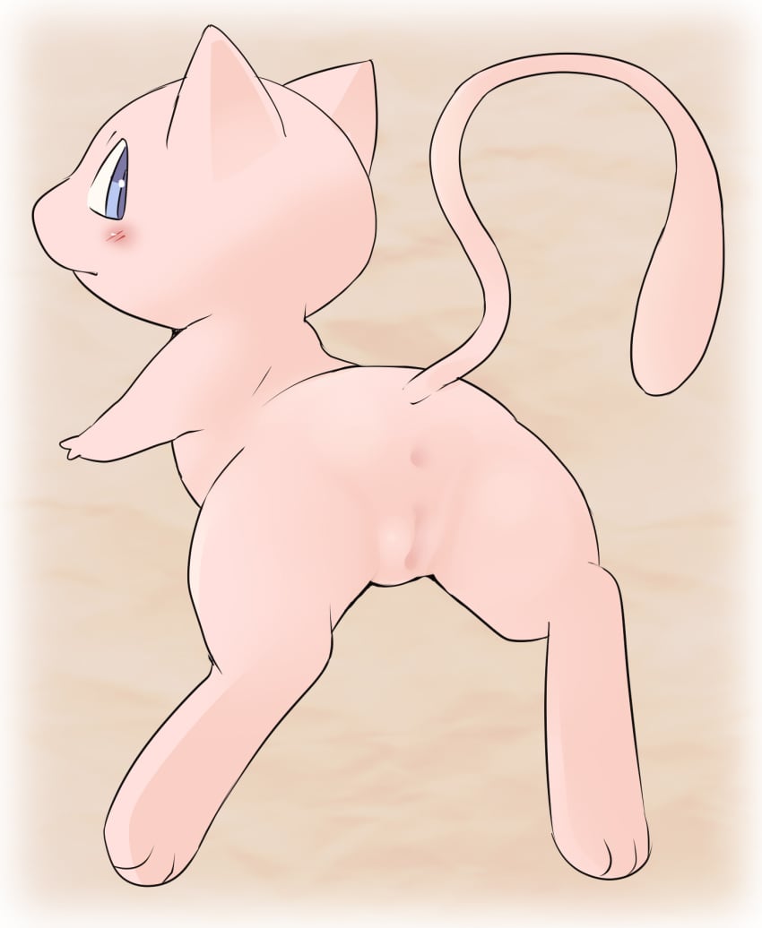 anus ass blue_eyes blush female genitals hi_res humanoid legendary_pokemon looking_at_viewer mew nintendo pink_body pokémon_(species) pokemon pokemon_(species) pu_sukebe pussy rear_view solo straight_hair video_games