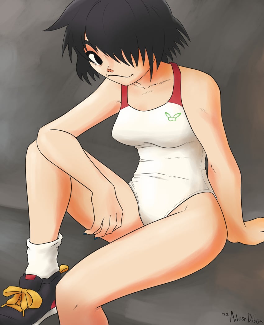 adorable adrian_dibuja alternate_costume arm_on_knee cute elbow_rest eronimbus gorillaz happy leotard looking_at_viewer noodle_(gorillaz) one-piece_swimsuit sfw sitting sitting_down smiling smiling_at_viewer tagme thighs