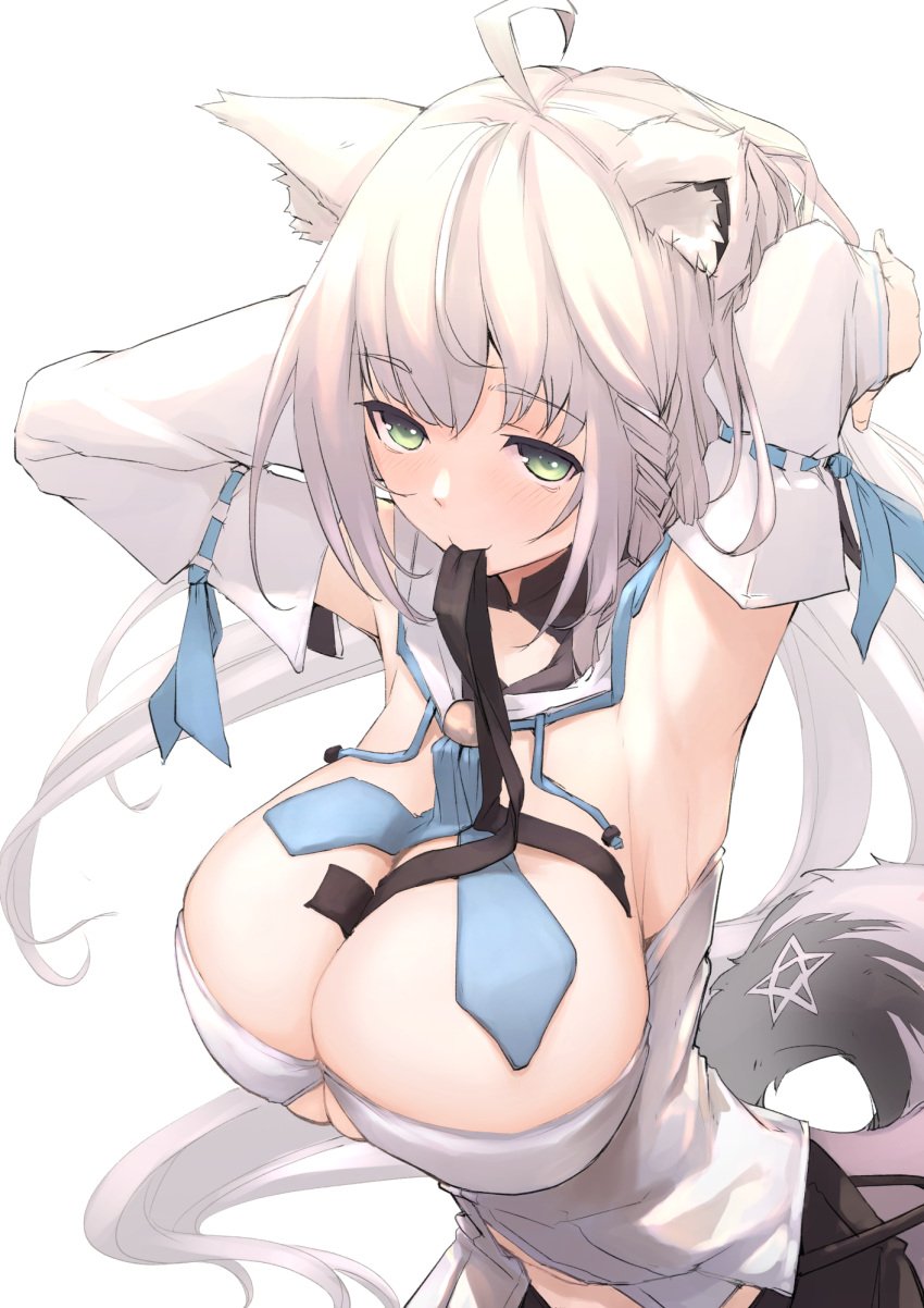 ahoge alternate_breast_size animal_ear_fluff animal_ears armpits arms_behind_head bangs black_ribbon black_shorts blue_neckerchief blush braid breasts cleavage detached_sleeves female fox_ears fox_girl fox_tail green_eyes highres hololive hololive_gamers hololive_gen_1 hololive_japan huge_breasts long_hair long_sleeves looking_at_viewer low_ponytail mitsuru_(pixiv_34028718) mouth_hold neckerchief pentagram ribbon ribbon_in_mouth shirakami_fubuki shorts side_braid simple_background solo strapless tail virtual_youtuber white_background white_hair white_sleeves wide_sleeves