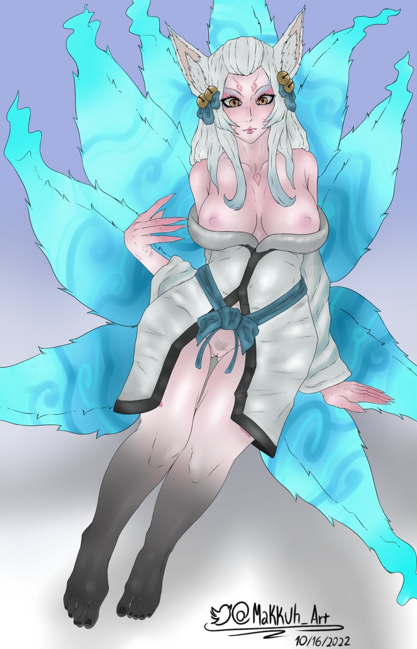 ahri eyelashes female japanese_clothes large_breasts league_of_legends long_hair makku_makku pubic_hair solo spirit_blossom_ahri white_hair yellow_eyes