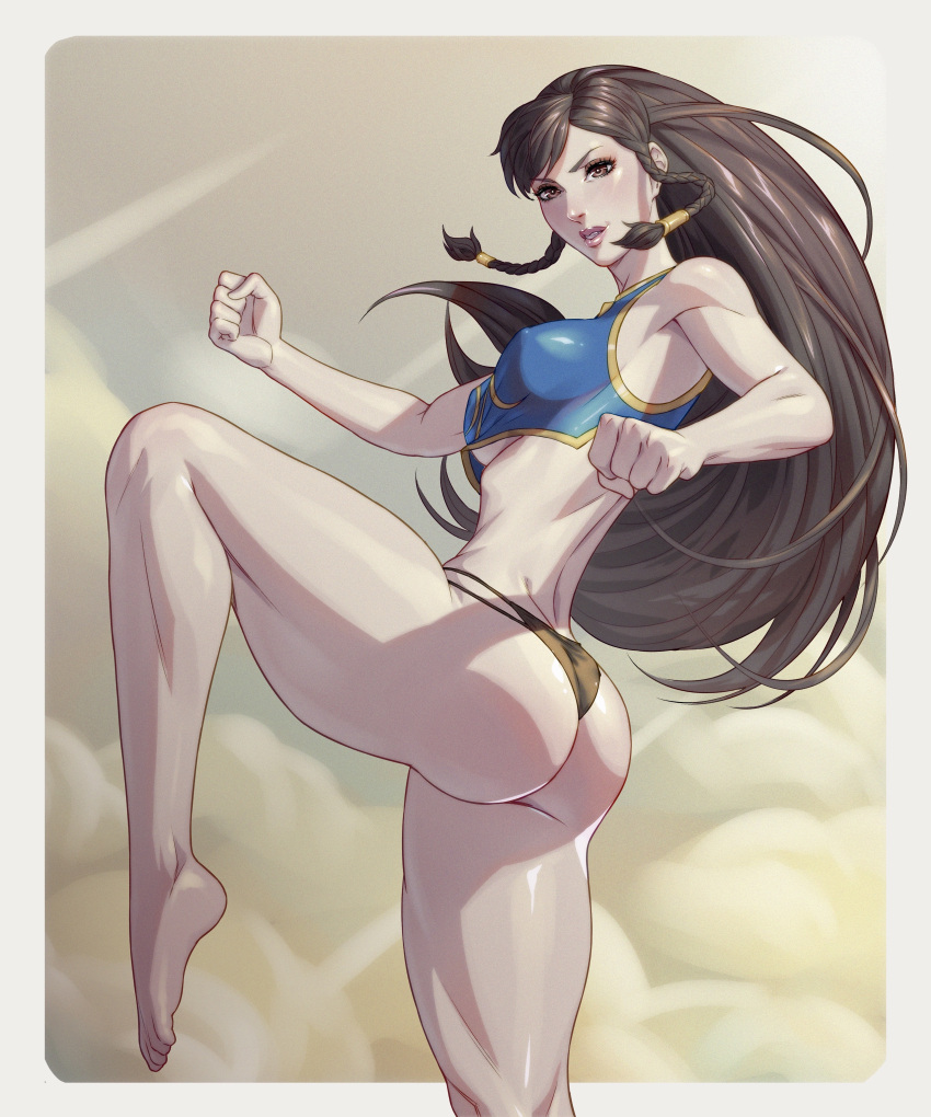 1girls action_pose alternate_hairstyle arttoru ass ass_focus athletic_female big_breasts bracelet braids breasts chun-li clouds erect_nipples erect_nipples_under_clothes female female_focus female_only fighter kicking long_hair looking_at_viewer panties skinny solo street_fighter thick_thighs topwear underboob white_skin