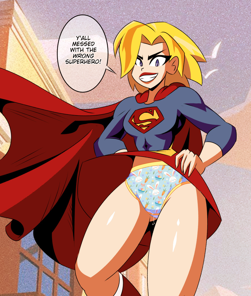 1girls 2022 accidental_exposure animal_print_panties ass_visible_through_thighs blonde_hair blue_eyes childish_panties cute dc dc_comics dc_super_hero_girls dialogue female female_only imsomethingradical kara_danvers kara_zor-el kryptonian light-skinned_female looking_at_viewer panties pussy_juice skirt speech_bubble supergirl thick_thighs upskirt wide_hips