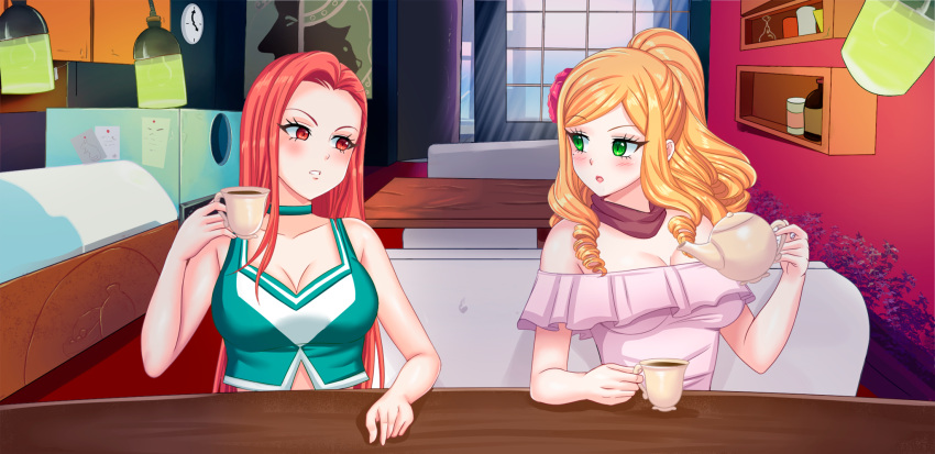 2girls big_breasts blonde_hair college_life green_eyes natasha_(college_life) nutaku red_eyes