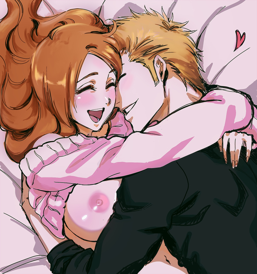 1boy 1girls big_breasts bleach blush breasts busty canon_couple closed_eyes couple cuddling duo duo_focus happy happy_female heart hug huge_breasts hugging husband_and_wife ichigo_kurosaki inoue_orihime long_hair lying lying_down lying_on_back lying_on_bed lying_on_person lying_on_stomach male/female married_couple missionary missionary_position no_bra open_mouth orange_hair romantic_couple rozuberry shirt short_hair spoken_heart straight sweater sweater_lift wholesome