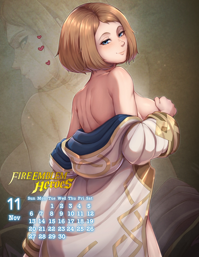 1girls blue_eyes brown_hair calendar_(medium) covering_breasts evomanaphy fire_emblem fire_emblem_heroes heart kiran_(fire_emblem) kiran_(fire_emblem)_(female) looking_at_viewer nintendo november_(month) short_hair smile smug smug_face solo_female undressing