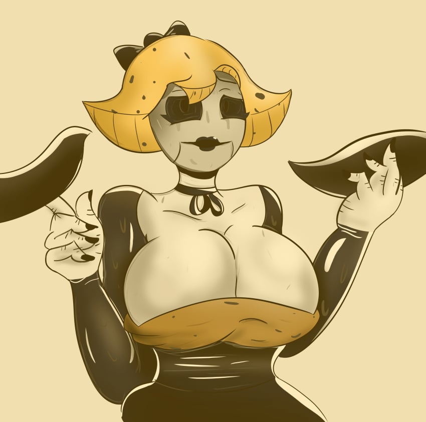 bendy_and_the_dark_revival bendy_and_the_ink_machine betty_(bendy_and_the_dark_revival) bob_cut bow choker double_handjob female goo hair_ribbon huge_breasts ink lipstick long_gloves mask masked masked_female massive_breasts mysaltisexposed nails short_hair tentacle