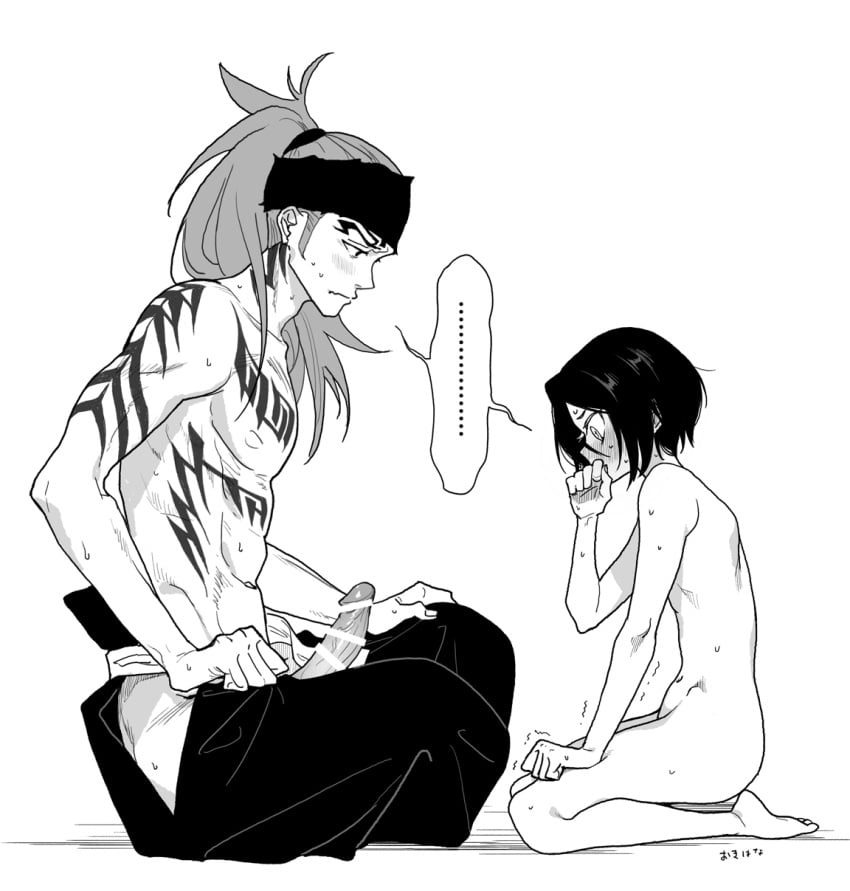 1boy 1boy1girl 1girls abarai_renji bandana before_sex black_hair bleach body_markings censored completely_nude couple embarrassed erect_penis erection first_time height_difference imminent_sex kneeling kuchiki_rukia larger_male long_hair looking_at_partner looking_at_penis male/female monochrome naked nervous nude oki_niha_hana penis_awe petite petite_body ponytail presenting presenting_penis renji_abarai seiza shirtless shirtless_(male) sitting size_difference skinny skinny_girl smaller_female tied_hair