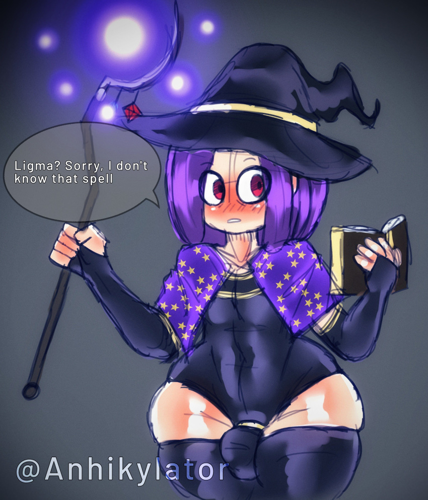 anhikylator bonnie_(fnafhs) english_text femboy magic_user purple_hair red_eyes spellbook wizard wizard_hat