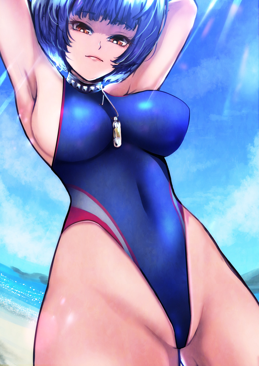 1girls atlus big_breasts blue_hair blue_swimsuit breasts brown_eyes dark_blue_hair female female_only hair hands_behind_head lips mature mature_female necklace neckwear one-piece_swimsuit osusowake persona persona_5 solo solo_female spiked_collar swimsuit swimwear tae_takemi thighs