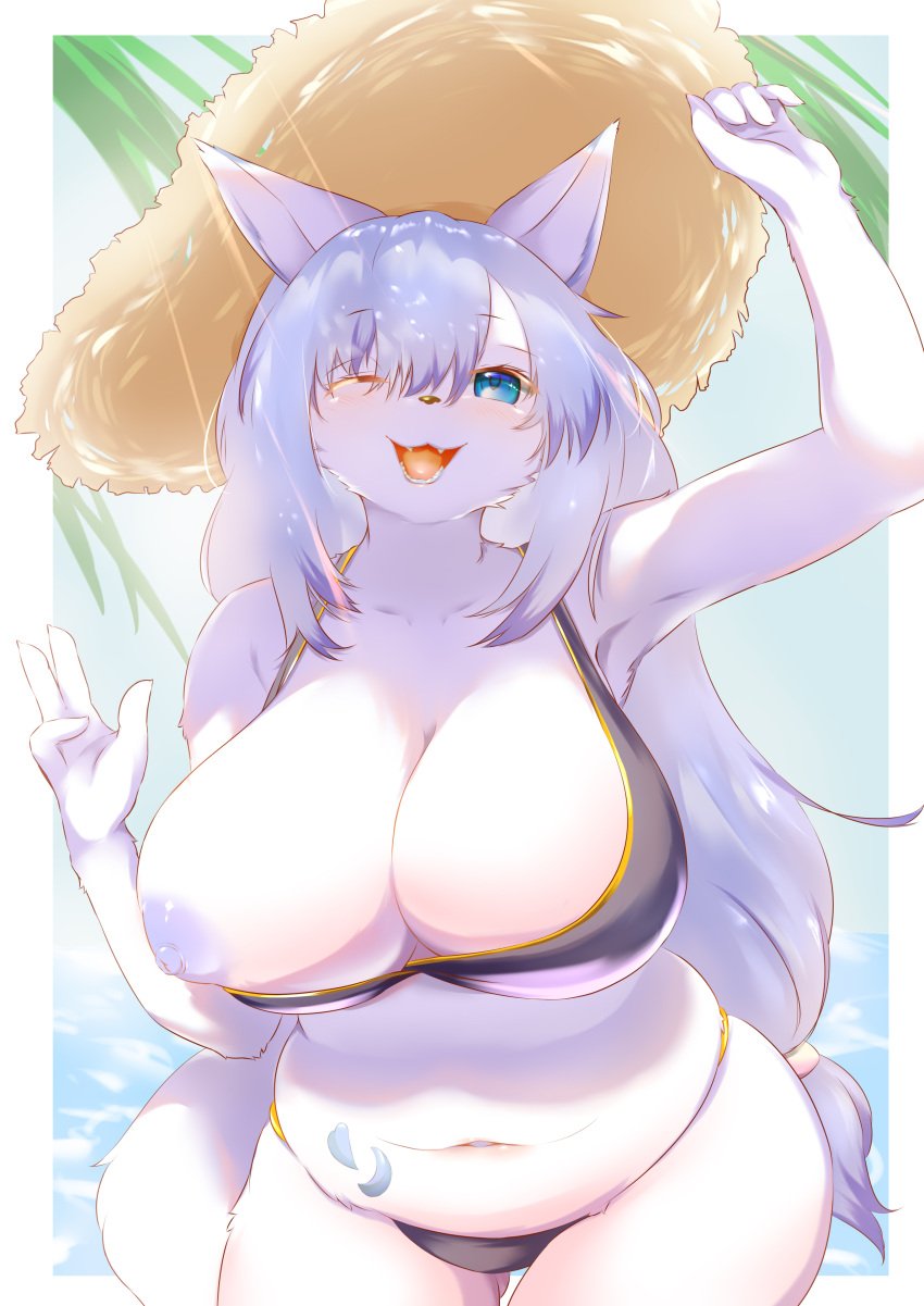 2021 4_fingers absurd_res anthro areola armpits beach belly big_breasts bikini blue_eyes blue_hair breasts canid canine chubby_female clothing curvy_figure cute_fangs digital_media_(artwork) exposed_breasts female female_anthro fingers fox fur ginko0101 hair hat headgear headwear hi_res huge_breasts kemono lily_mari long_hair mammal multicolored_hair navel nipple_slip nipples one_breast_out one_eye_closed open_mouth portrait purple_areola purple_hair purple_nipples seaside slightly_chubby smile solo standing straw_hat sun_hat swimwear teeth three-quarter_portrait tongue voluptuous white_body white_fur wink