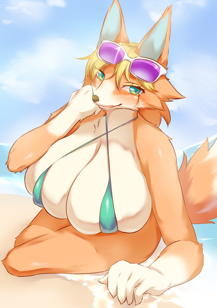 2020 5_fingers absurd_res animal_crossing anthro audie_(animal_crossing) big_breasts bikini blonde_hair blue_eyes blush breasts bulging_breasts canid canine canis clothed clothing eyewear eyewear_on_head female fingers ginko0101 hair hi_res huge_breasts kemono looking_at_viewer mammal nintendo solo sunglasses sunglasses_on_head swimwear video_games wolf