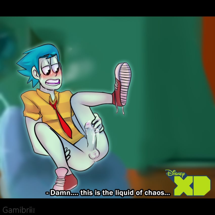 billy_joe_cobra blue_body blue_hair blue_skin blurred_background blush bodily_fluids cartoony clothed clothing dialogue disney dude,_that's_my_ghost! ejaculation footwear gamibrii hair hi_res humanoid male male_only shirt shoes sweat topwear