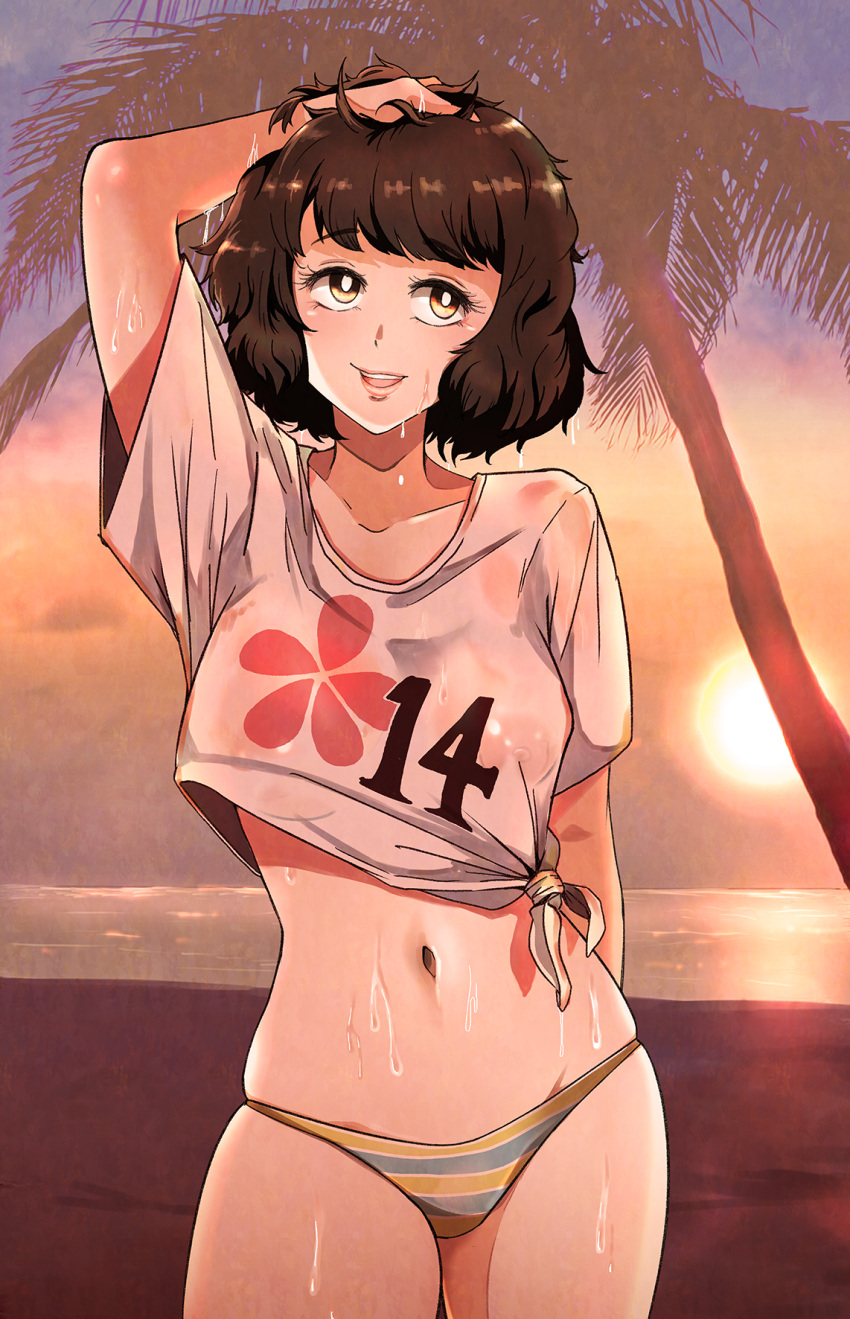 1girls alternate_version_available areolae atlus bikini bikini_bottom breasts brown_hair female female_only hair hand_behind_head lips mature mature_female nipples nipples_visible_through_clothing osusowake persona persona_5 sadayo_kawakami shirt solo solo_female swimsuit swimwear wet wet_body wet_shirt white_shirt yellow_bikini yellow_eyes