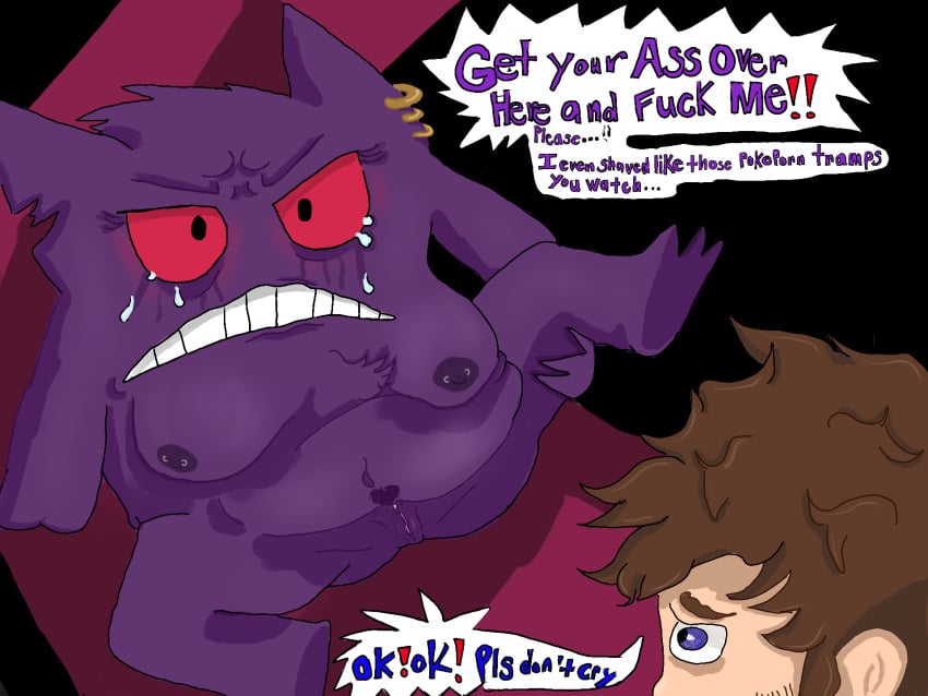 areola bodily_fluids breasts crying dialogue discodemon duo female feral generation_1_pokemon gengar genitals genny_(discodemon) hi_res human male male/female mammal nintendo piercing pokemon pokemon_(species) purple_body pussy red_eyes spread_legs spreading tears video_games