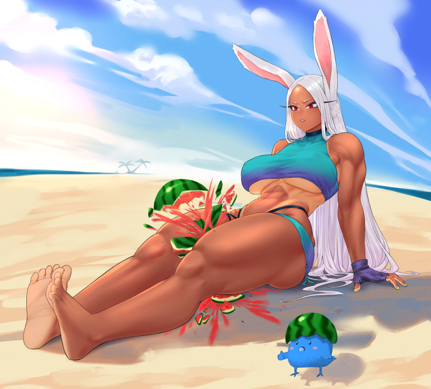 1girls 2022 abs barefoot beach bunny_ears calad_g dark-skinned_female dark_skin feet female female_only fingerless_gloves hi_res highlighted_soles juice long_hair miruko muscular_female muscular_thighs my_hero_academia red_eyes rumi_usagiyama sitting solo swimwear thick_thighs thigh_crush toned toned_female watermelon watermelon_crushing watermelon_juice white_hair