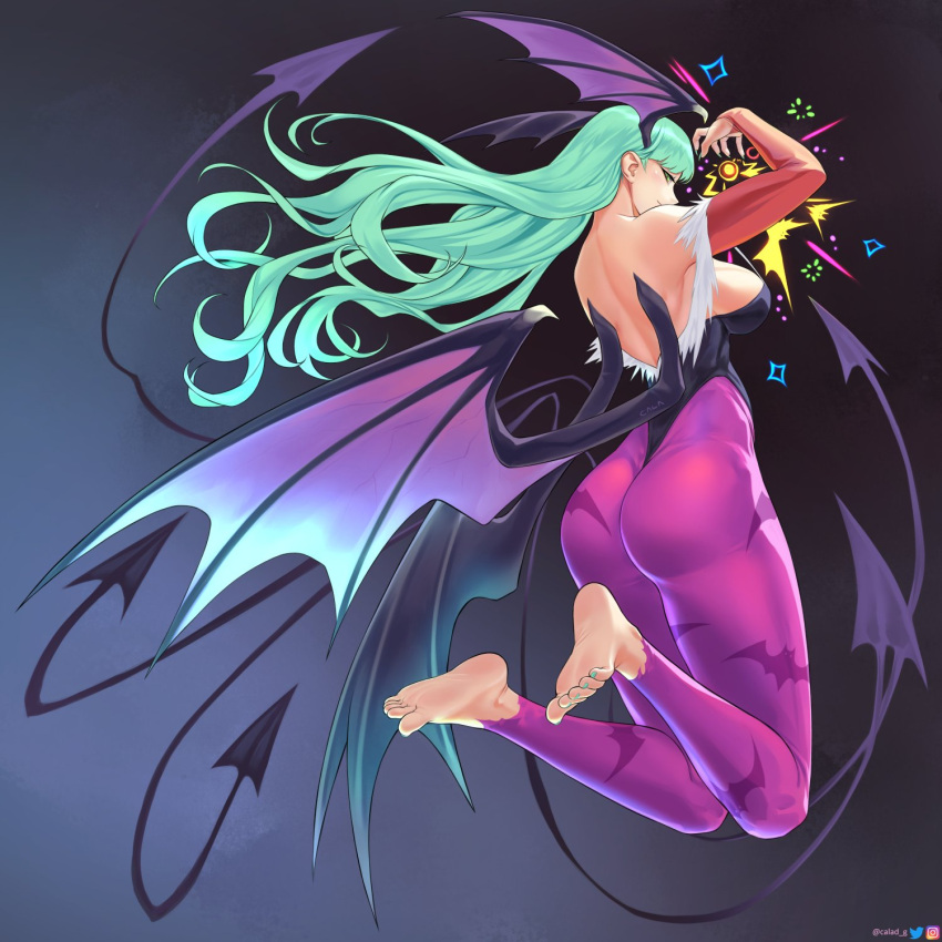 1girls 2022 ass back_view barefoot bat_print bent_legs calad_g capcom clothing darkstalkers demon_wings female female_only gauntlets green_eyes green_hair head_wings hi_res leotard long_hair looking_at_viewer looking_back looking_back_at_viewer morrigan_aensland narrowed_eyes pantyhose pink_pantyhose sideboob small_breasts solo succubus wings