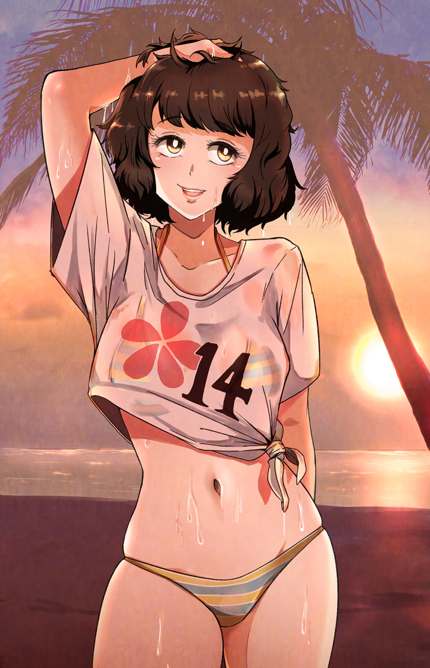 1girls alternate_version_available atlus bikini bikini_bottom bikini_top breasts brown_hair female female_only hair hand_behind_head lips mature mature_female osusowake persona persona_5 sadayo_kawakami shirt solo solo_female swimsuit swimwear wet wet_body wet_shirt white_shirt yellow_bikini yellow_eyes